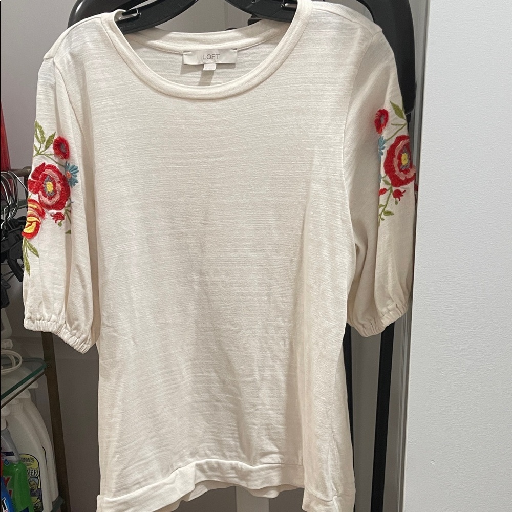 LOFT Ivory Top with Red Floral Embroidery